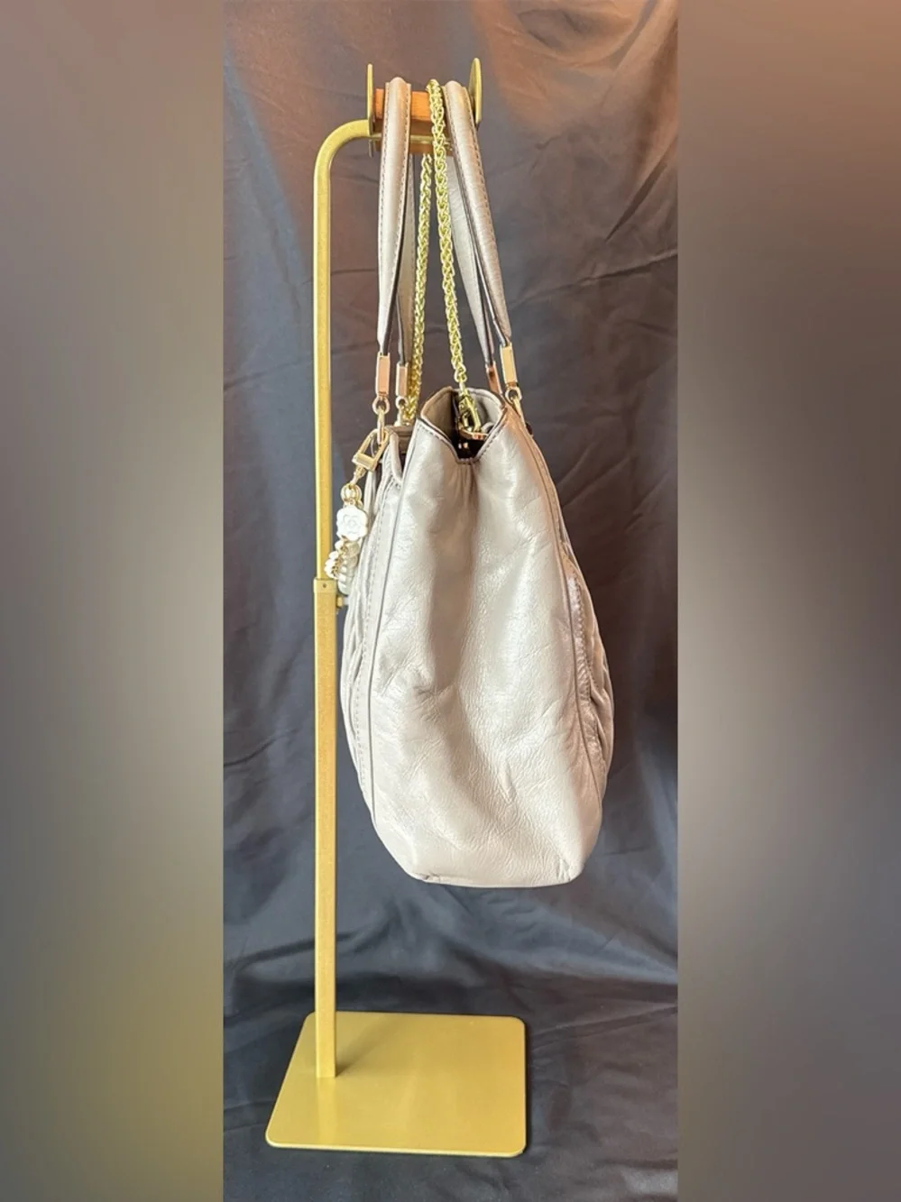 COACH Madison Madeline Taupe Ruched Leather Crossbody Bag with Gold Color Chain - Picture 3 of 12